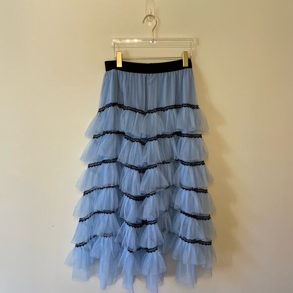 Tiered Maxi skirt Medium blue black lace lined chiffon flowy princess - Picture 1 of 7